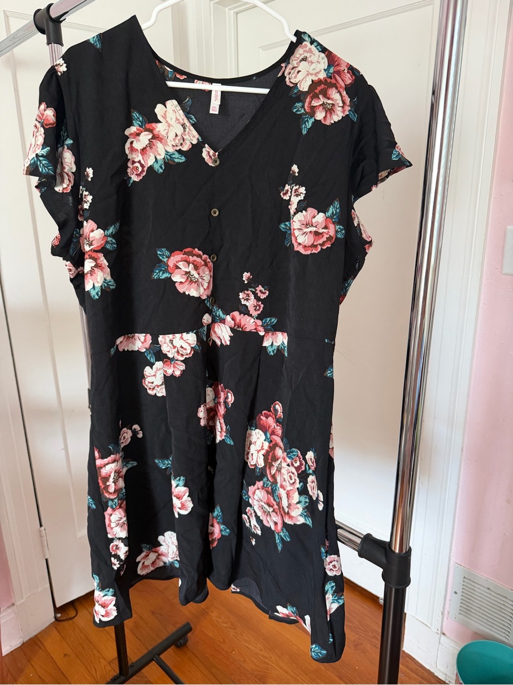 Xhilaration Black Floral V-Neck Tunic with Pink Roses